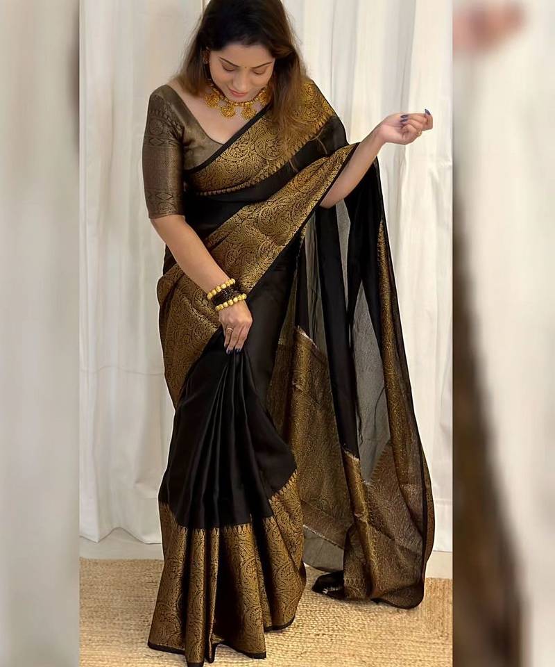 black soft art silk banarasi jacuard work designer party wear saree with unstitched blouse piece