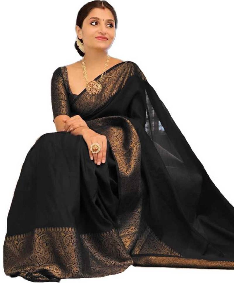 black soft art silk banarasi jacuard work designer party wear saree with unstitched blouse piece