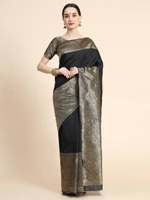 black silk blend banarasi saree with unstitched blouse piece 1