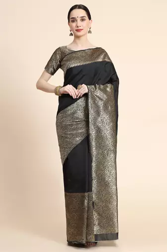 black  soft art silk banarasi jacuard work designer party wear saree with unstitched blouse piece
