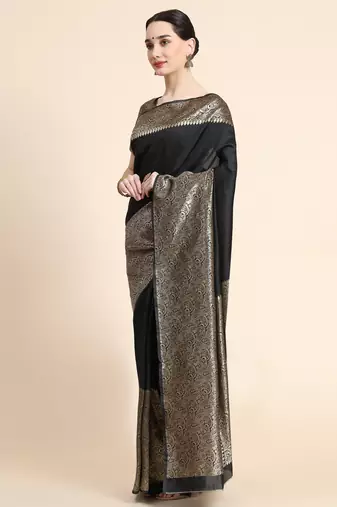 black silk blend banarasi saree with unstitched blouse piece