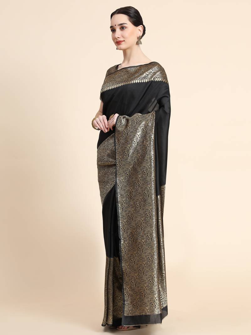 black  soft art silk banarasi jacuard work designer party wear saree with unstitched blouse piece