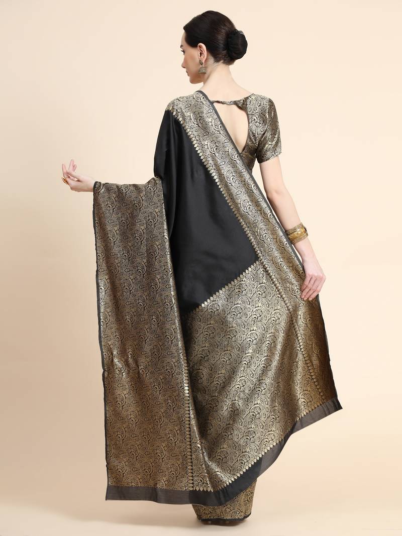 black  soft art silk banarasi jacuard work designer party wear saree with unstitched blouse piece