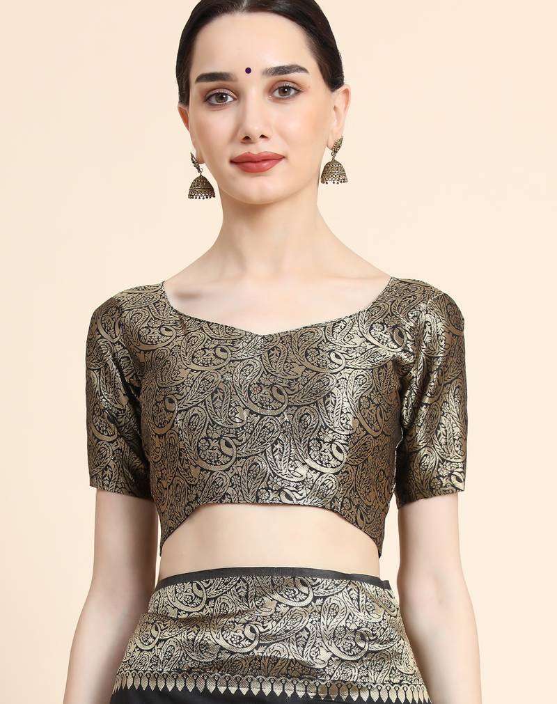 black  soft art silk banarasi jacuard work designer party wear saree with unstitched blouse piece