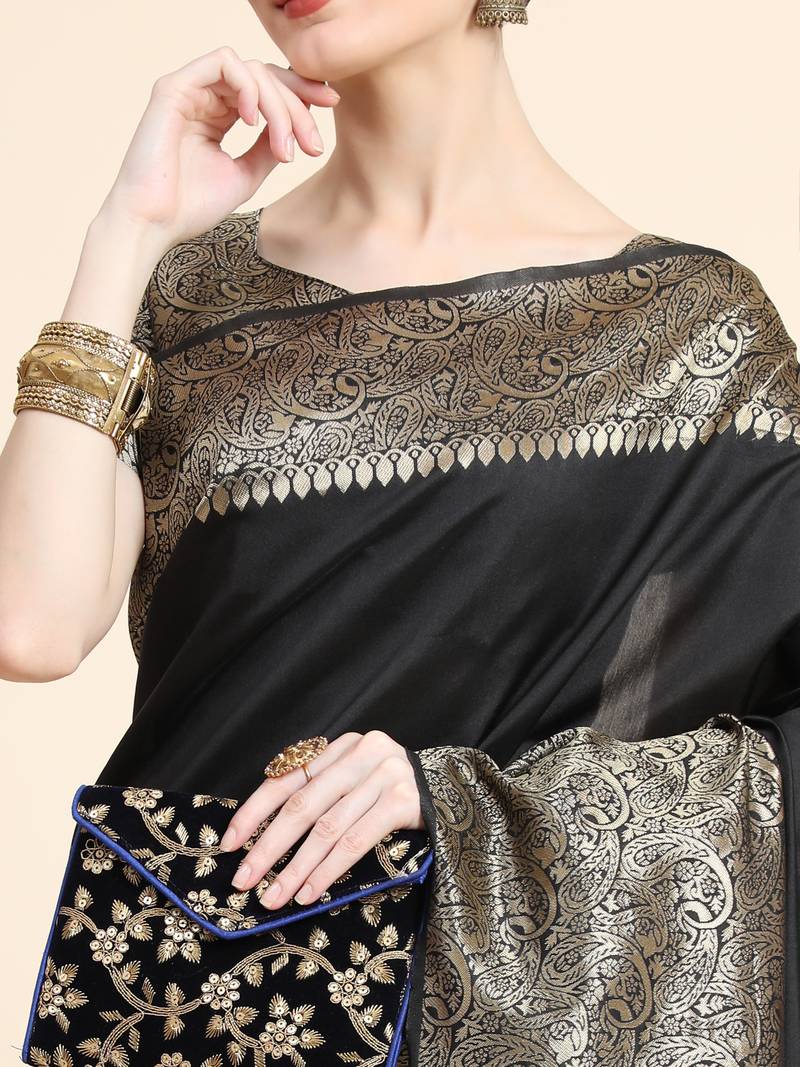 black  soft art silk banarasi jacuard work designer party wear saree with unstitched blouse piece