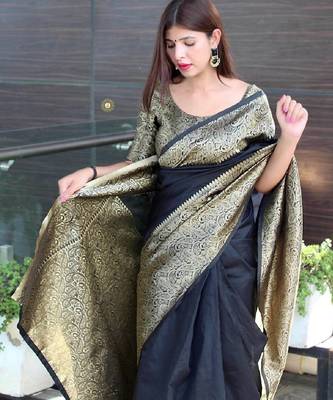 black silk blend banarasi saree with unstitched blouse piece 1