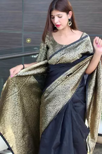 blacksoft art silk banarasi jacuard work designer party wear saree with unstitched blouse piece