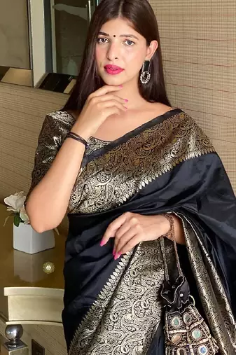 black silk blend banarasi saree with unstitched blouse piece
