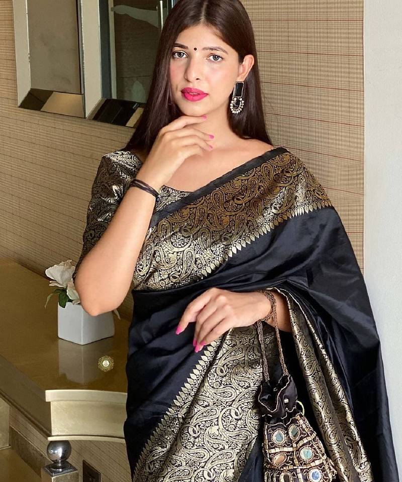 blacksoft art silk banarasi jacuard work designer party wear saree with unstitched blouse piece