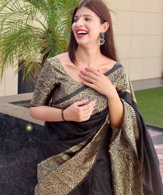 black silk blend banarasi saree with unstitched blouse piece 3