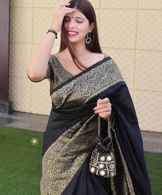 black silk blend banarasi saree with unstitched blouse piece 4