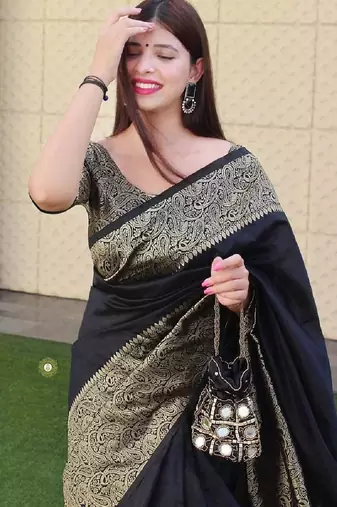 black silk blend banarasi saree with unstitched blouse piece