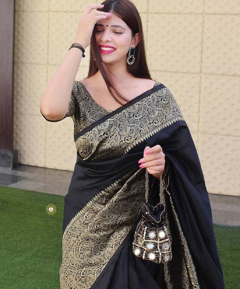 blacksoft art silk banarasi jacuard work designer party wear saree with unstitched blouse piece