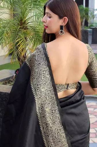 black silk blend banarasi saree with unstitched blouse piece