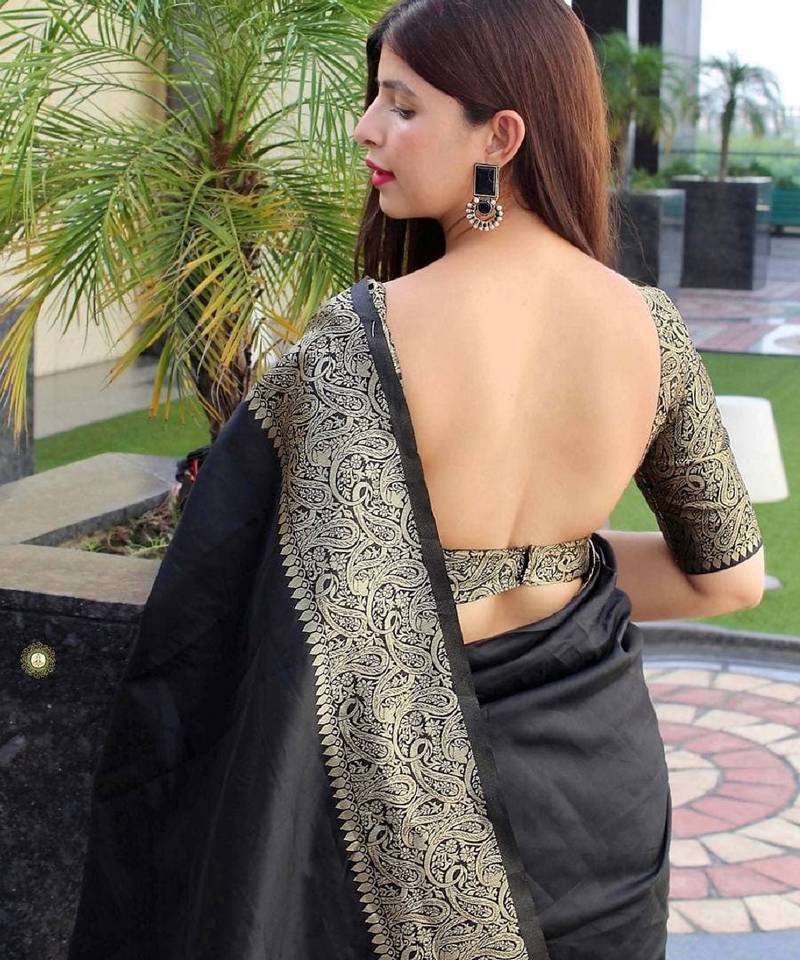 blacksoft art silk banarasi jacuard work designer party wear saree with unstitched blouse piece