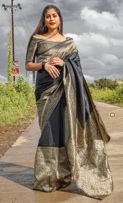 black silk blend banarasi saree with unstitched blouse piece 1
