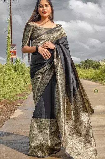 black  soft art silk banarasi jacuard work designer party wear saree with unstitched blouse piece