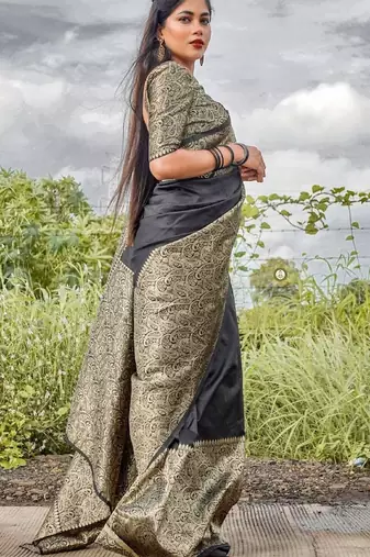 black silk blend banarasi saree with unstitched blouse piece