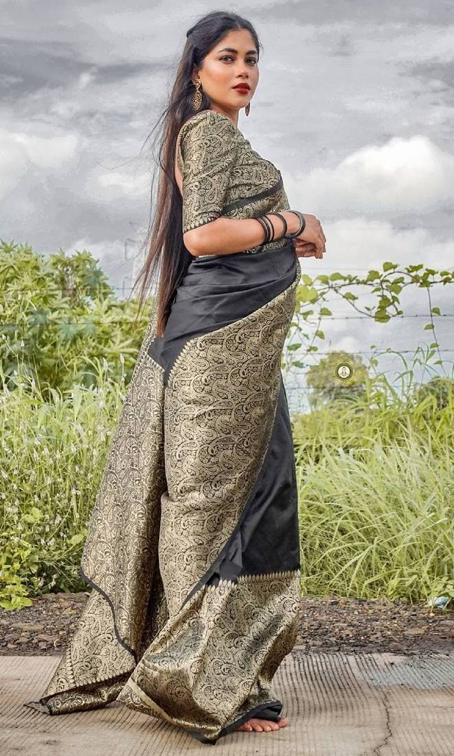 black  soft art silk banarasi jacuard work designer party wear saree with unstitched blouse piece