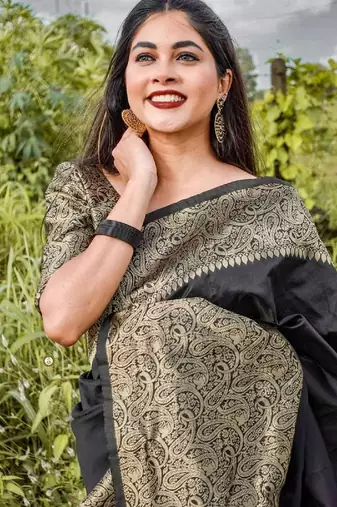 black silk blend banarasi saree with unstitched blouse piece