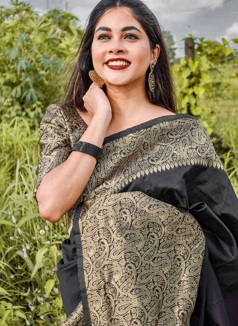 black  soft art silk banarasi jacuard work designer party wear saree with unstitched blouse piece