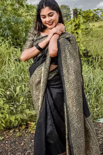 black silk blend banarasi saree with unstitched blouse piece
