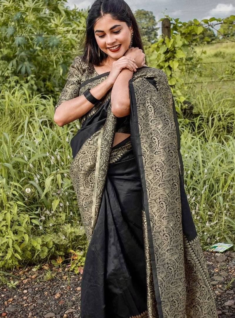 black  soft art silk banarasi jacuard work designer party wear saree with unstitched blouse piece