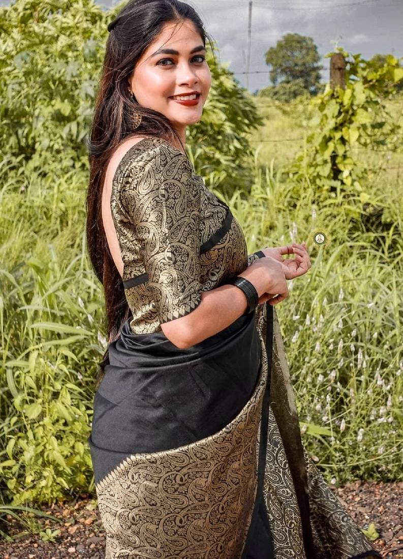 black  soft art silk banarasi jacuard work designer party wear saree with unstitched blouse piece