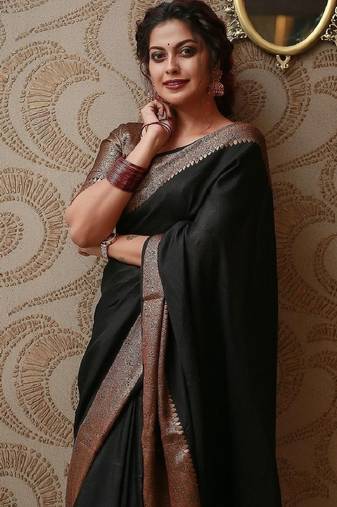 black soft art silk banarasi jacuard work designer party wear saree with unstitched blouse piece