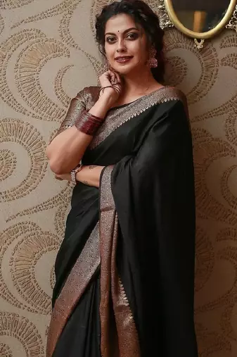 black soft art silk banarasi jacuard work designer party wear saree with unstitched blouse piece