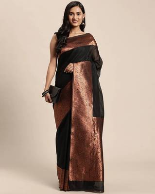 black copper silk blend banarasi saree with unstitched blouse piece 1