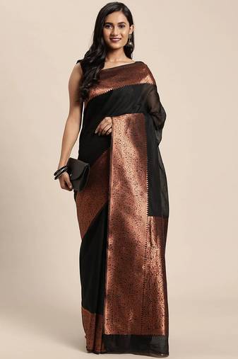 black copper soft art silk banarasi jacuard work designer party wear saree with unstitched blouse piece