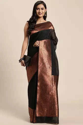 black copper soft art silk banarasi jacuard work designer party wear saree with unstitched blouse piece