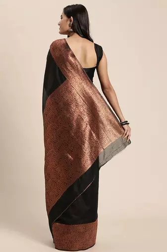 black copper silk blend banarasi saree with unstitched blouse piece