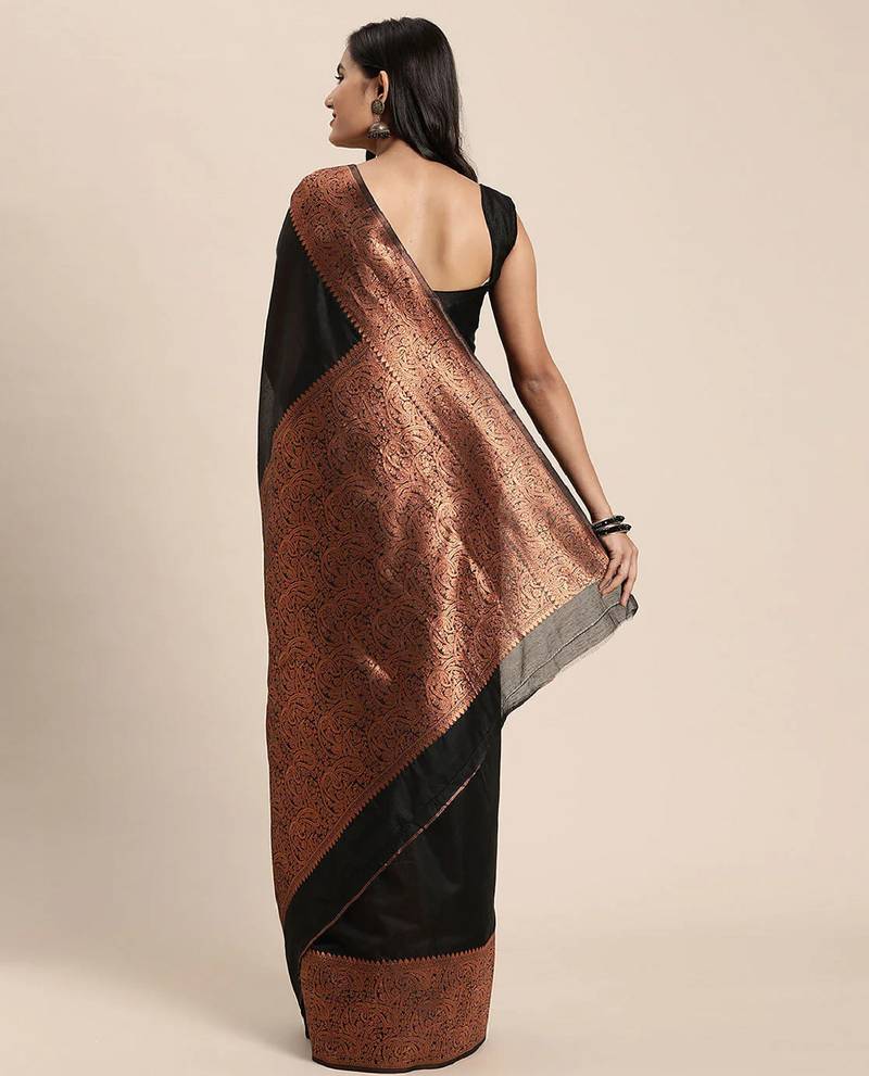 black copper soft art silk banarasi jacuard work designer party wear saree with unstitched blouse piece