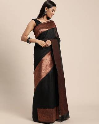 black copper silk blend banarasi saree with unstitched blouse piece 3