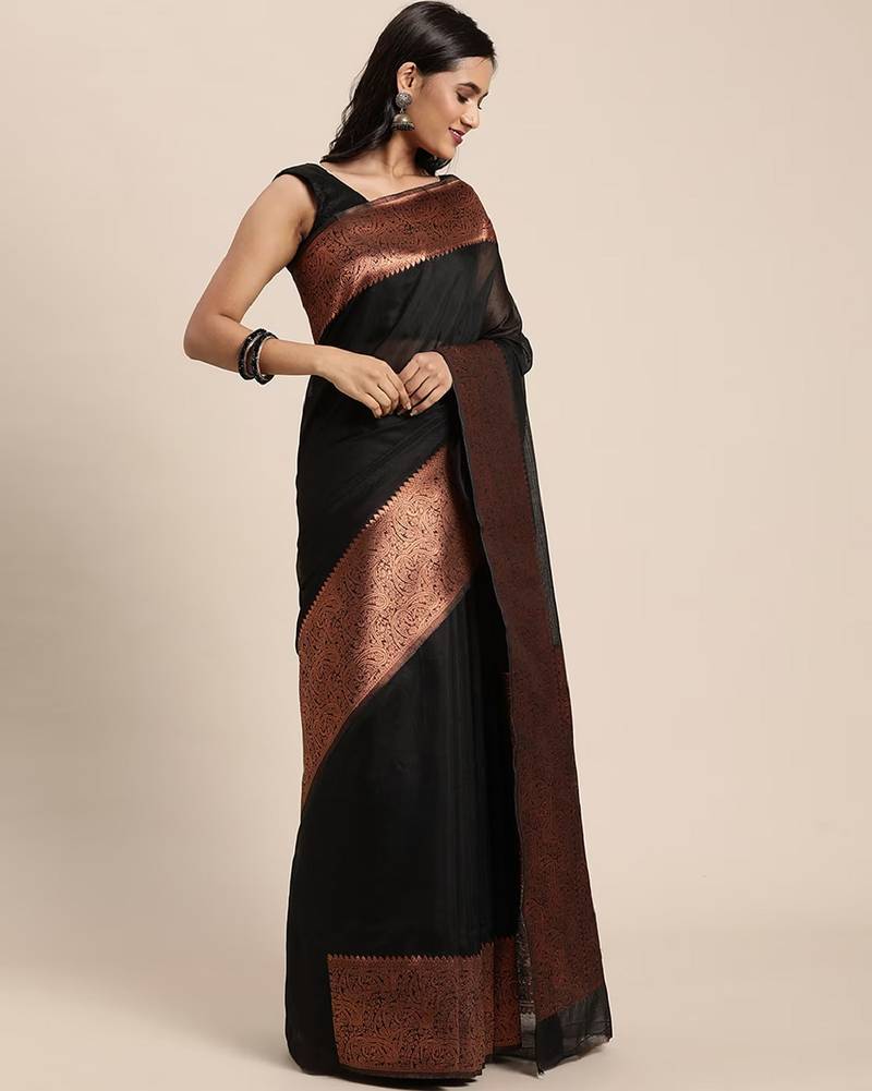 black copper soft art silk banarasi jacuard work designer party wear saree with unstitched blouse piece