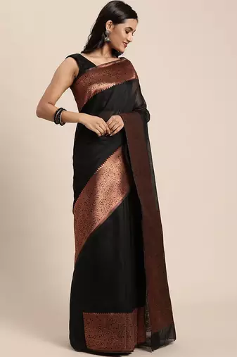 black copper silk blend banarasi saree with unstitched blouse piece