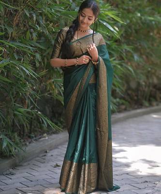 green silk blend banarasi saree with unstitched blouse piece 1