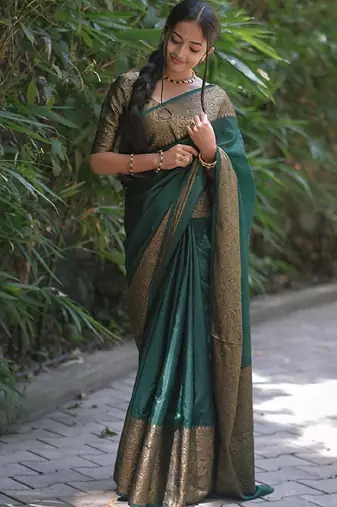 green soft art silk banarasi jacuard work designer party wear saree with unstitched blouse piece