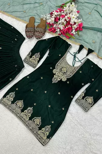 Dark-emerald velvet sharara ensemble