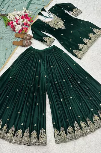 Dark-emerald velvet sharara ensemble