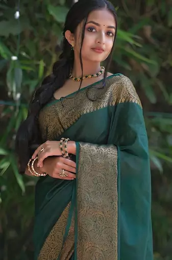 green silk blend banarasi saree with unstitched blouse piece