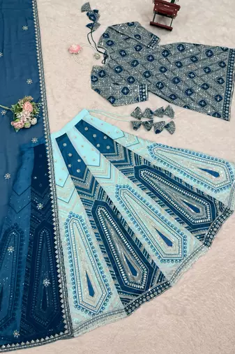 Teal blue georgette embroidered ethnic set