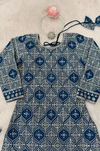Teal blue georgette embroidered ethnic set