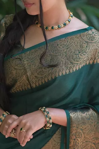 green silk blend banarasi saree with unstitched blouse piece