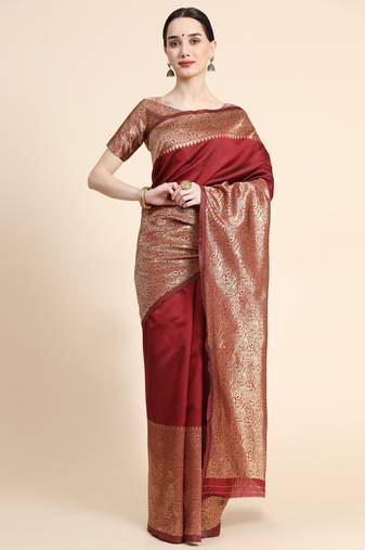 maroon soft art silk banarasi jacuard work designer party wear saree with unstitched blouse piece