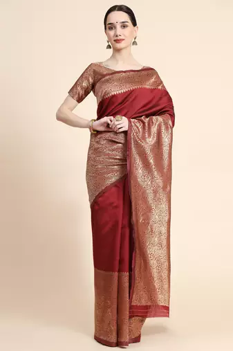 maroon soft art silk banarasi jacuard work designer party wear saree with unstitched blouse piece