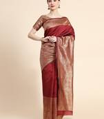 maroon soft art silk banarasi jacuard work designer party wear saree with unstitched blouse piece