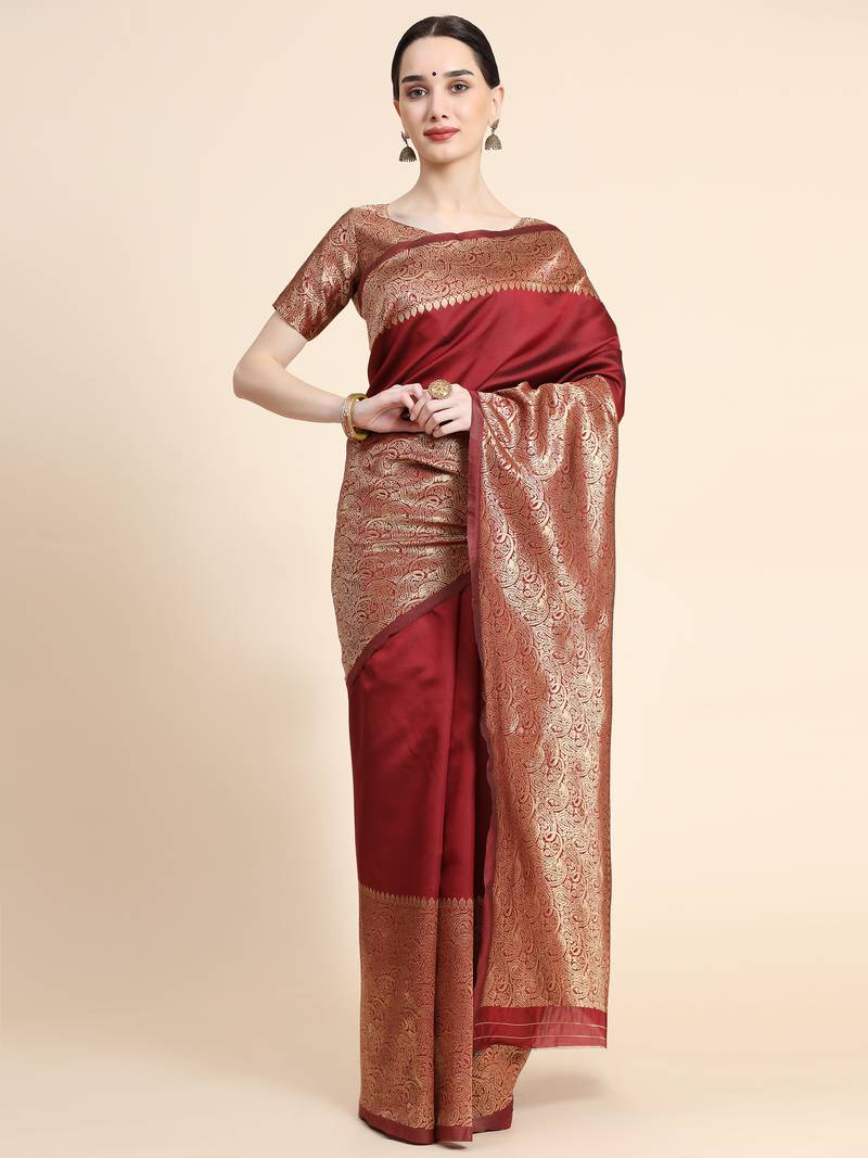 maroon soft art silk banarasi jacuard work designer party wear saree with unstitched blouse piece